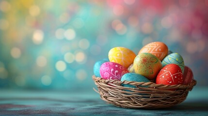 Colorful Easter eggs arranged in a basket against a soft pastel backdrop, [Easter banner Easter basket pastel background for designer work