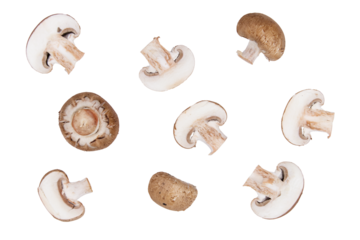 Brown mushrooms and mushroom slices spread on a clipped PNG transparent background