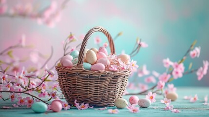 Fototapeta na wymiar Vintage-inspired Easter basket filled with nostalgic candies and treats on a charming banner, [Easter banner Easter basket pastel background for designer work