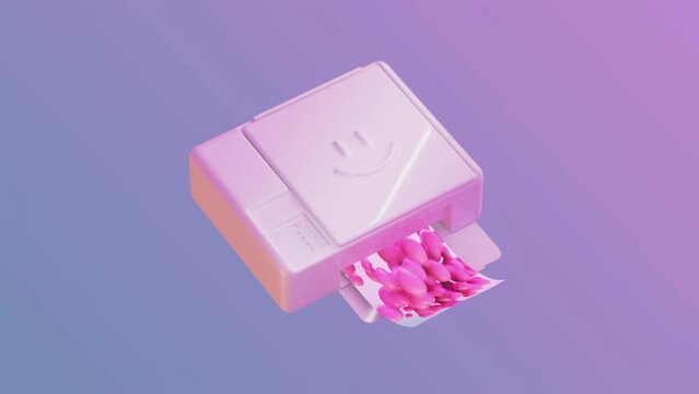 A cheerful funny printer with a white smiley face prints a beautiful picture. Isometric object. Pink and blue background with copyspace. 3d render, 4k video.