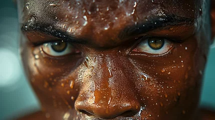 Poster Focus and Determination: Capture a close-up shot of a boxer's face, showing their focus and determination as they prepare to enter the ring. ,[boxing © Julia