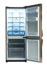 An image of a kitchen refrigerator freezer with its door open, isolated on a white background.