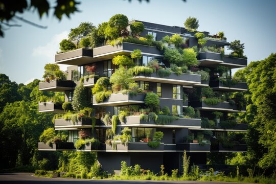 A modern eco-friendly office building in green forests. sustainable climate visuals