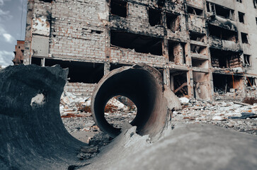 destroyed and burned houses in the city during the war in Ukraine