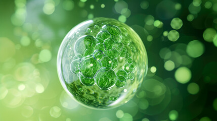 Green Translucent Sphere with Organic Cluster Structure on Bokeh Background - obrazy, fototapety, plakaty