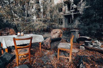 destroyed and burned houses in the city during the war in Ukraine