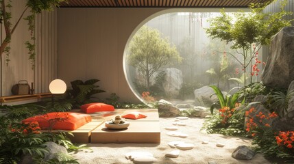 Fototapeta premium A peaceful Zen garden room with a low wooden table, red cushions, and a harmonious Japanese-inspired design, bathed in soft sunlight.