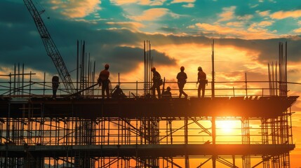 Silhouettes of Construction Workers at Sunset