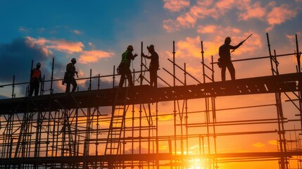 Silhouettes of Construction Workers at Sunset
