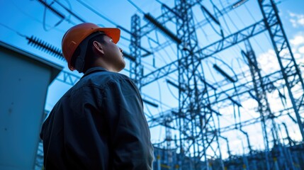 Engineer Gazing Up at the Intricate Structure of a Transmission Tower - obrazy, fototapety, plakaty