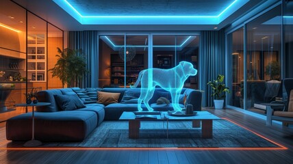 Futuristic canine avatar introduces smart home gadgets in a digital living space.