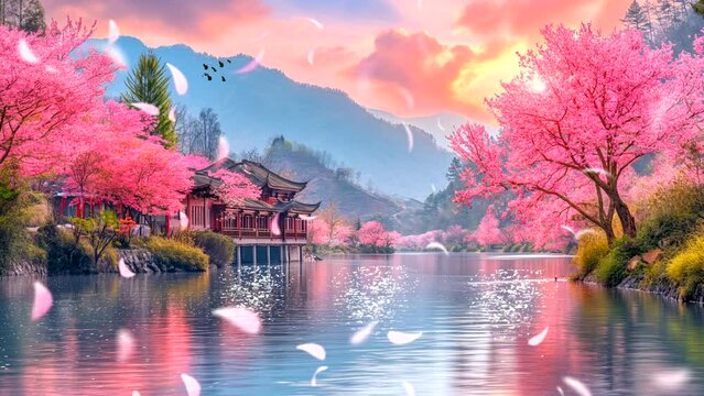 beautiful natural landscape in the mountains with a flowing river and cherry blossom trees with spring in the background. Seamless looping 4k time-lapse virtual video animation background 