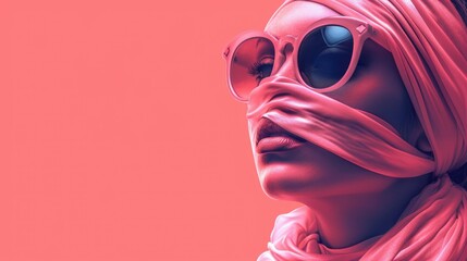 A lady with sunglasses and a pink scarf. Generative Ai. - obrazy, fototapety, plakaty