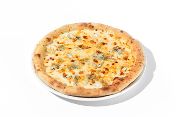 Italian Quattro Formaggi Pizza with Four Cheeses Isolated on White