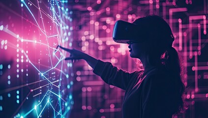 Young woman immersed in cutting edge world of virtual reality working with advanced technology and network systems captures and futuristic concepts VR glasses and interacts with digital interface