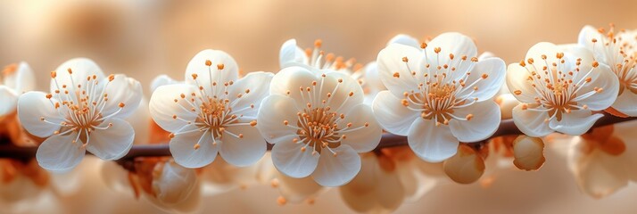 Fototapeta na wymiar White Plum Blossoms Blooming Against Clear, Background Banner HD