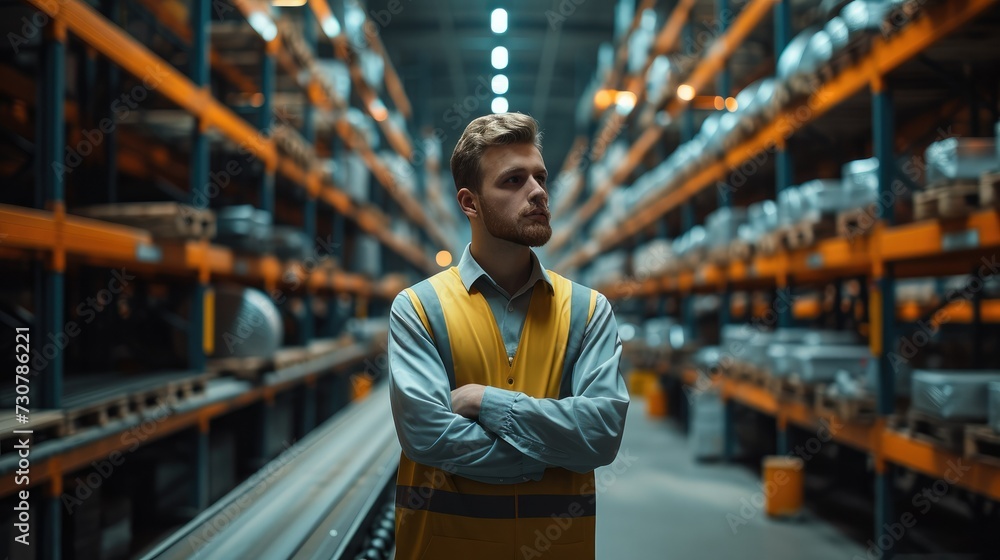 Poster engineer standing in a warehouse next to a conveyor. generative ai.