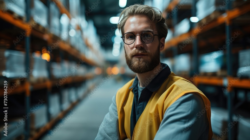 Poster engineer standing in a warehouse next to a conveyor. generative ai.