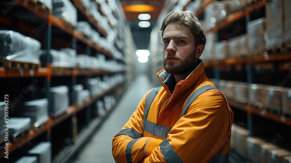 Poster Engineer standing in a warehouse next to a conveyor. Generative AI.