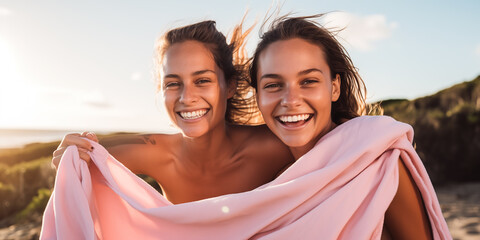 Two modest women covering nudity with blanket at nudist beach.