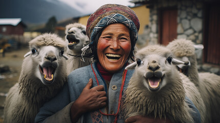 Close-up of a woman in a gray alpaca sweater, her hands framing her laughing face, eyes twinkling against a backdrop of a rustic South American village