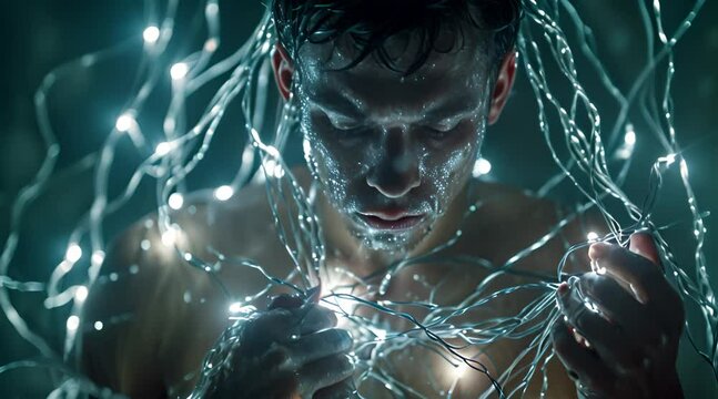 Close-up of a male model holding a white colored LED string of lights during a photoshoot