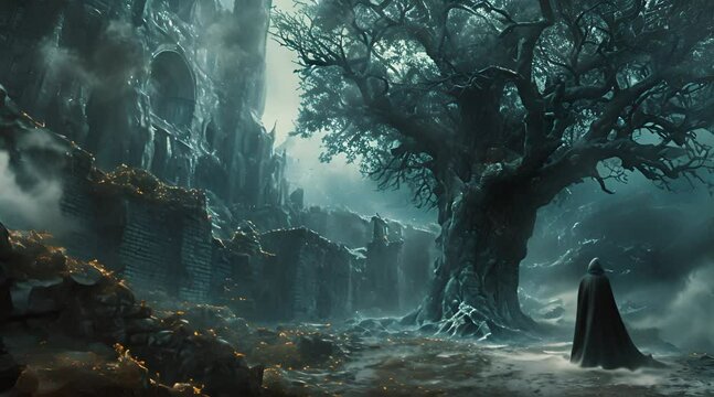 Mysterious figure in front of a dark fantasy stone castle and a big tree with a large trunk