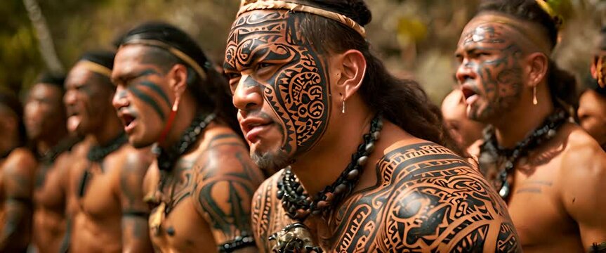 Tattooed maori tribe warriors making faces during a haka dance