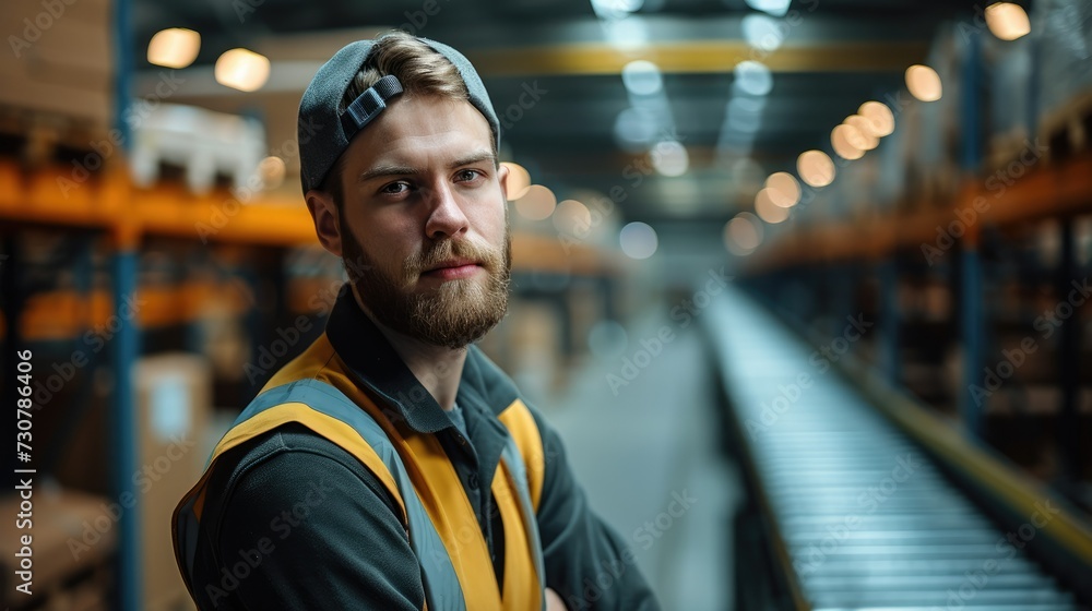Poster Engineer standing in a warehouse next to a conveyor. Generative AI.