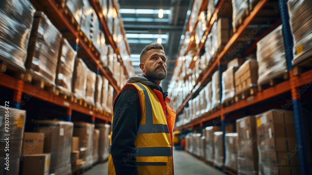 Poster a worker inside warehouse checking stock on shelves using clipboard, logistics concept. generative a