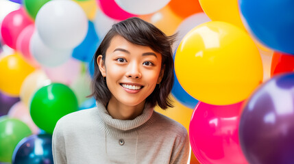 Fototapeta na wymiar A woman in a soft gray pullover, hands on cheeks, with a subtle smile and thoughtful gaze, surrounded by floating balloons in the colors of the rainbow flag