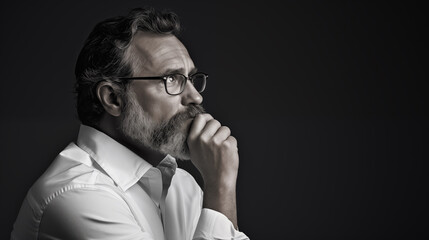 Thoughtful bearded man in a crisp white shirt, holding his chin, with a focused gaze against a grayscale background