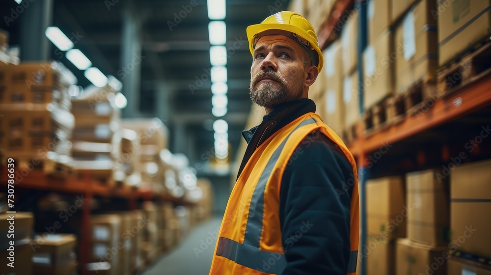 Poster a worker inside warehouse checking stock on shelves using clipboard, logistics concept. generative a