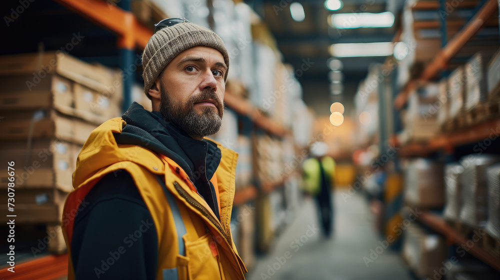 Poster a worker inside warehouse checking stock on shelves using clipboard, logistics concept. generative a