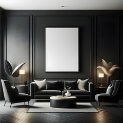 Sophisticated Dark Living Room Design Featuring One Blank White Frame, Elegant Black Furnishings, and Warm Ambient Lighting - Discover Luxurious Interior Styling and Decor Ideas for a Chic and Timeles