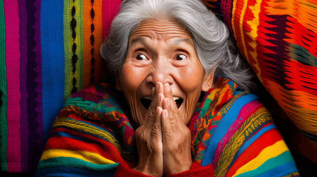 Woman in a light gray sweater, her hands gently touching her cheeks, with a colorful Andean textile backdrop, expressing surprised joy
