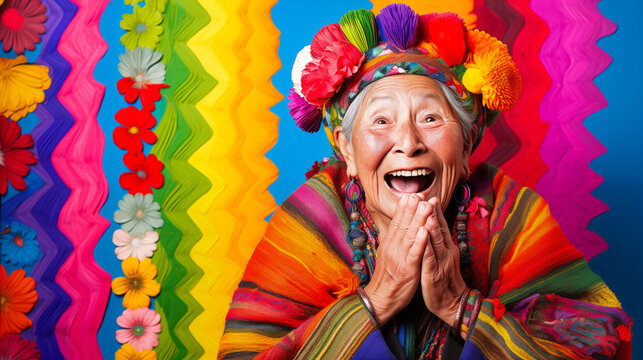 Joyful woman in light gray sweater touches her cheeks against vibrant Andean textile backdrop.