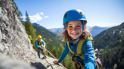 A spirited girl guides her kin across a challenging mountain path, framed by breathtaking scenery.