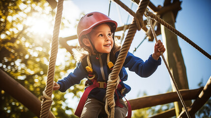 Child in safety harness conquer heights on rope ladder at adventure park. - obrazy, fototapety, plakaty