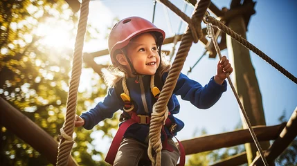 Poster Child in safety harness conquer heights on rope ladder at adventure park. © XaMaps