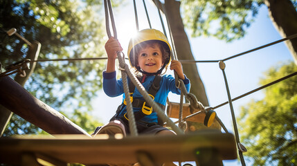 A young child wearing a safety harness climbing a rope ladder in an adventure park