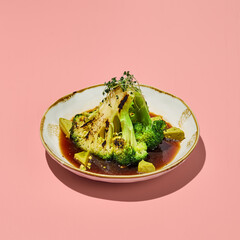 Broccoli steak in ponzu sauce on a white plate with golden trim against a pink background