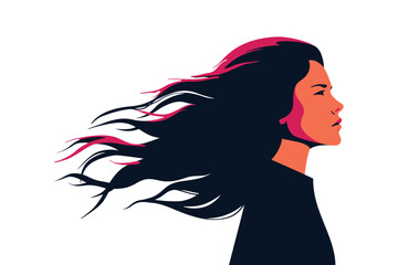 Brave woman with flying long hair looking forward. Strong Female person near big word "GIRL" on pink background design for print. Girl power concept for empowerment women. Vector illustration