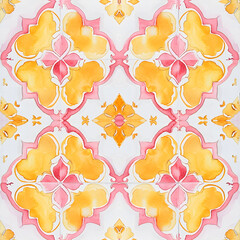 Watercolor pink and yellow seamless tiles. Spanish pattern, tile collection. Ornamental background