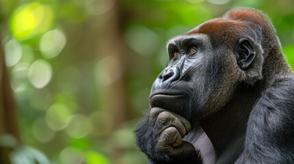 Obraz premium Thoughtful Gorilla Contemplating with Hand on Mouth in Natural Habitat