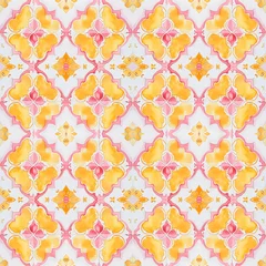 Gordijnen Watercolor pink and yellow seamless tiles. Spanish pattern, tile collection. Ornamental background © Берилло Евгения