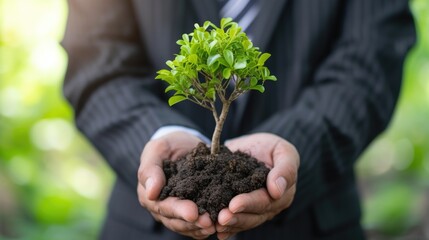 Environmental Responsibility in Business: Businessman Holding a Small Tree