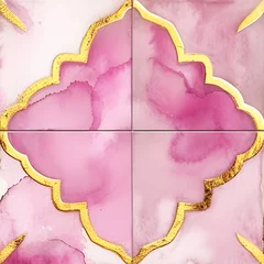 Stof per meter Watercolor pink and gold seamless tiles. Spanish pattern, tile collection. Ornamental background © Берилло Евгения