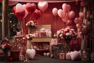 Festive Valentine's Day market stall with heart-shaped balloons, flowers, and romantic gifts on display