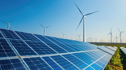 Renewable Energy Concept with Solar Panels and Wind Turbines Against Clear Sky